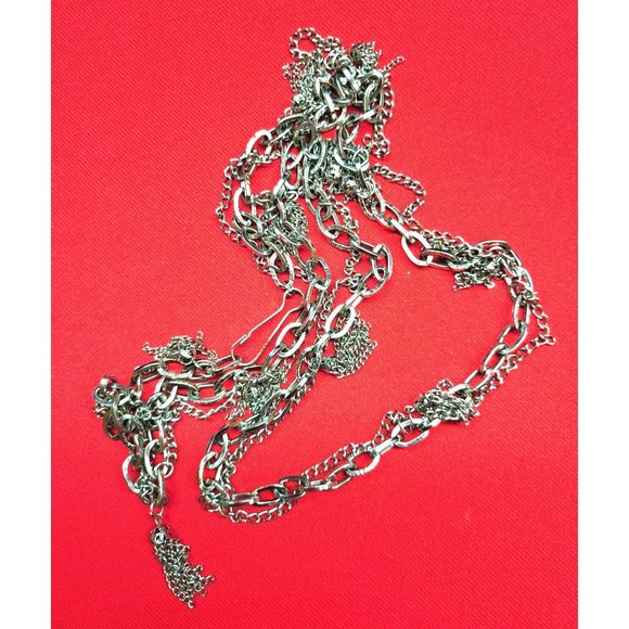 Long Silver Pewter Tone Long Chain Necklace with Accent Tassels - Picture 6 of 8